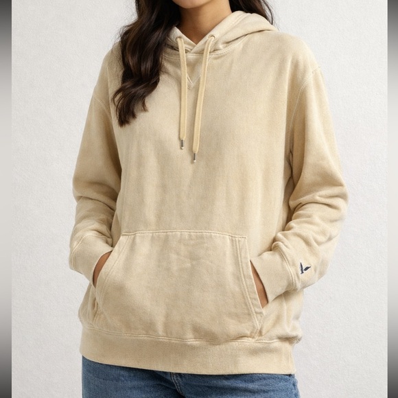 American Eagle Super Soft Hoodie Beige Pullover Kangaroo Pocket Cozy - Size L - Picture 2 of 8